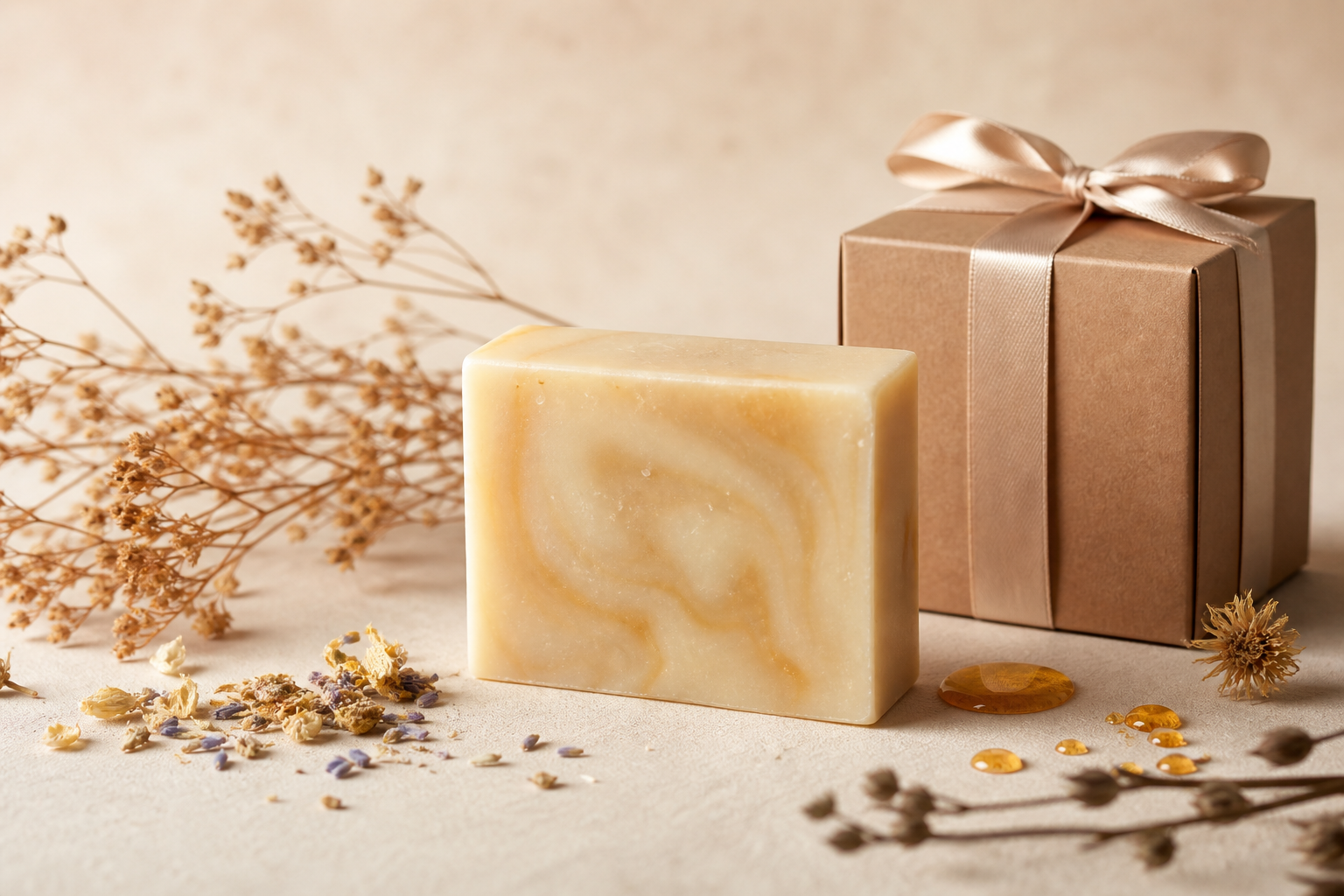 Handcrafted soap bar and gift box with natural ingredients