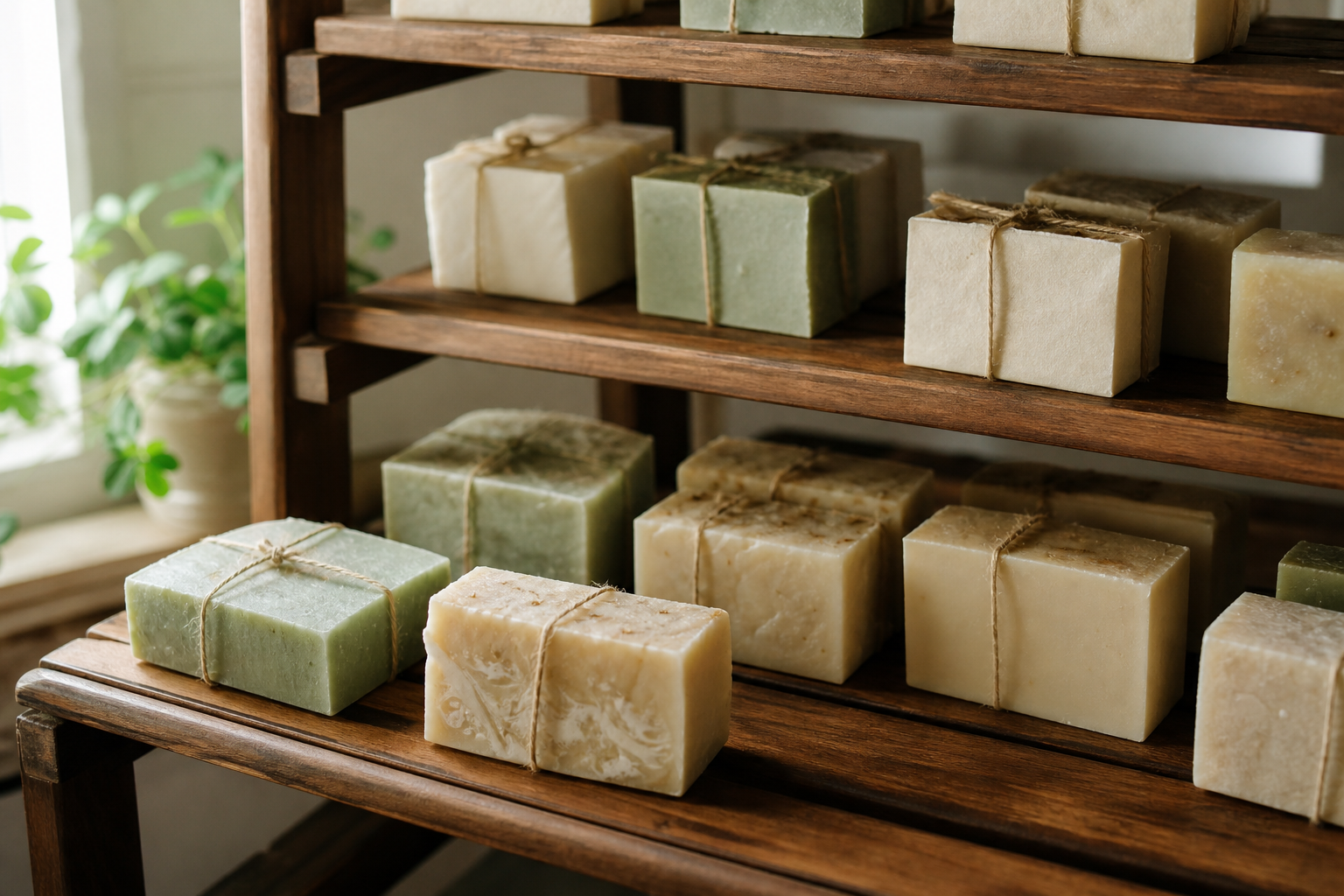 Soap bars curing on a wooden rack