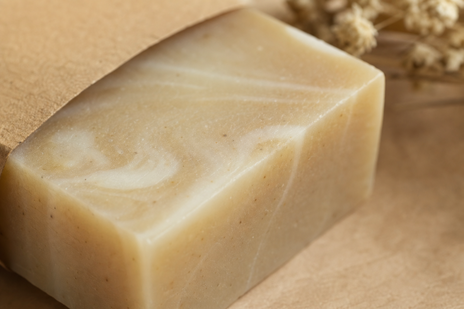 Close-up of handcrafted soap texture and wrapping